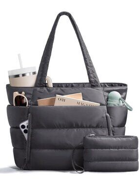 Women's Grey Puffer Lightweight Puffy Work Tote Bag 16 Pocket Purse for Travel